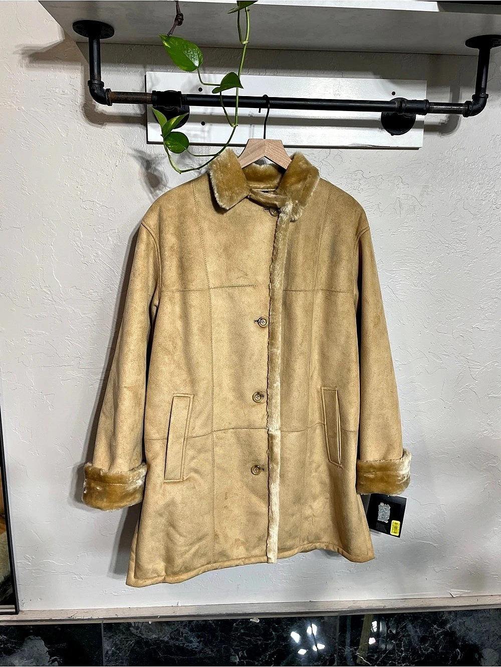 Fleet Street FS Limited Women's Coat, Tan Faux Shearling Suede, Button Front